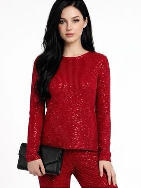 NARCISO RODRIGUEZ Ruby Red Sequin Sweater Size L